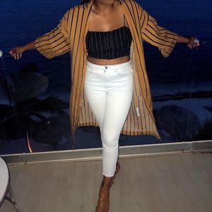 Navy blue and tan striped cardigan